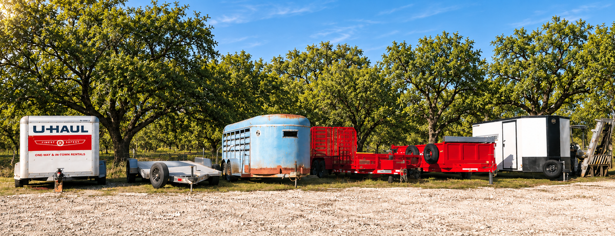 J4 rental trailer lineup with green spring trees and reduced sky — edited photo